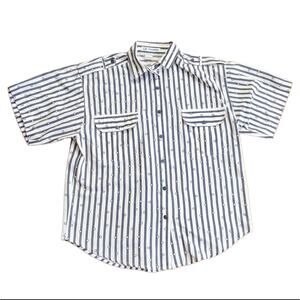 Vintage Liz Thomas Preppy Nautical Navy Stripes Button Down Summer Blouse Shirt